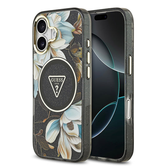 iPhone 17 Kılıf Guess Orjinal Lisanslı M-safe Şarj Özellikli Simli Çiçek Desenli Metal Kamera Çerçeveli Üçgen Logolu Kapak