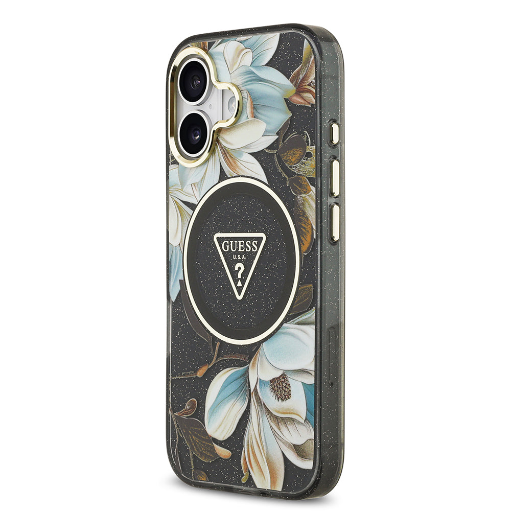 iPhone 17 Kılıf Guess Orjinal Lisanslı M-safe Şarj Özellikli Simli Çiçek Desenli Metal Kamera Çerçeveli Üçgen Logolu Kapak