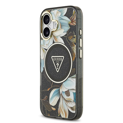 iPhone 17 Kılıf Guess Orjinal Lisanslı M-safe Şarj Özellikli Simli Çiçek Desenli Metal Kamera Çerçeveli Üçgen Logolu Kapak