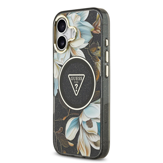 iPhone 17 Kılıf Guess Orjinal Lisanslı M-safe Şarj Özellikli Simli Çiçek Desenli Metal Kamera Çerçeveli Üçgen Logolu Kapak
