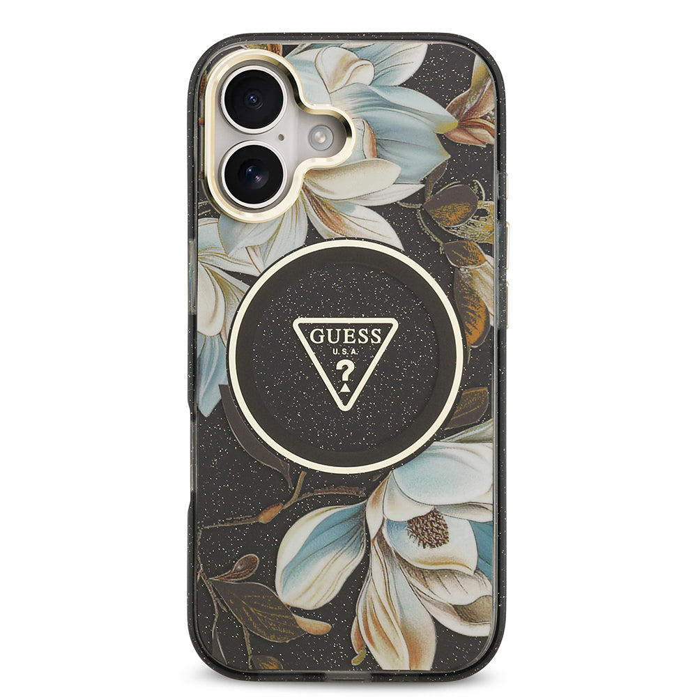 iPhone 17 Kılıf Guess Orjinal Lisanslı M-safe Şarj Özellikli Simli Çiçek Desenli Metal Kamera Çerçeveli Üçgen Logolu Kapak