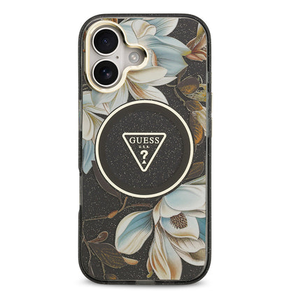 iPhone 17 Kılıf Guess Orjinal Lisanslı M-safe Şarj Özellikli Simli Çiçek Desenli Metal Kamera Çerçeveli Üçgen Logolu Kapak