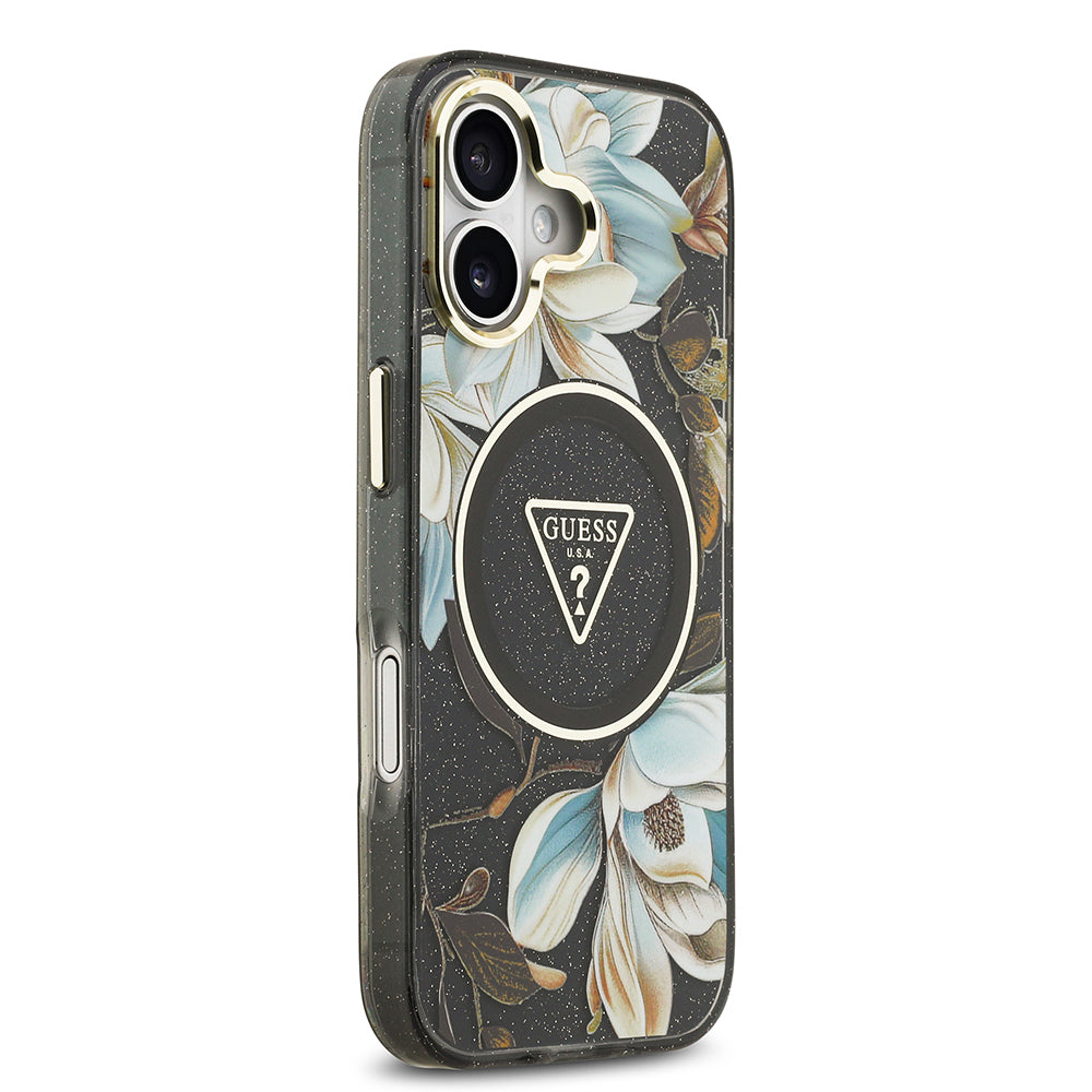 iPhone 17 Kılıf Guess Orjinal Lisanslı M-safe Şarj Özellikli Simli Çiçek Desenli Metal Kamera Çerçeveli Üçgen Logolu Kapak