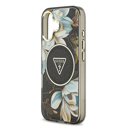 iPhone 17 Kılıf Guess Orjinal Lisanslı M-safe Şarj Özellikli Simli Çiçek Desenli Metal Kamera Çerçeveli Üçgen Logolu Kapak