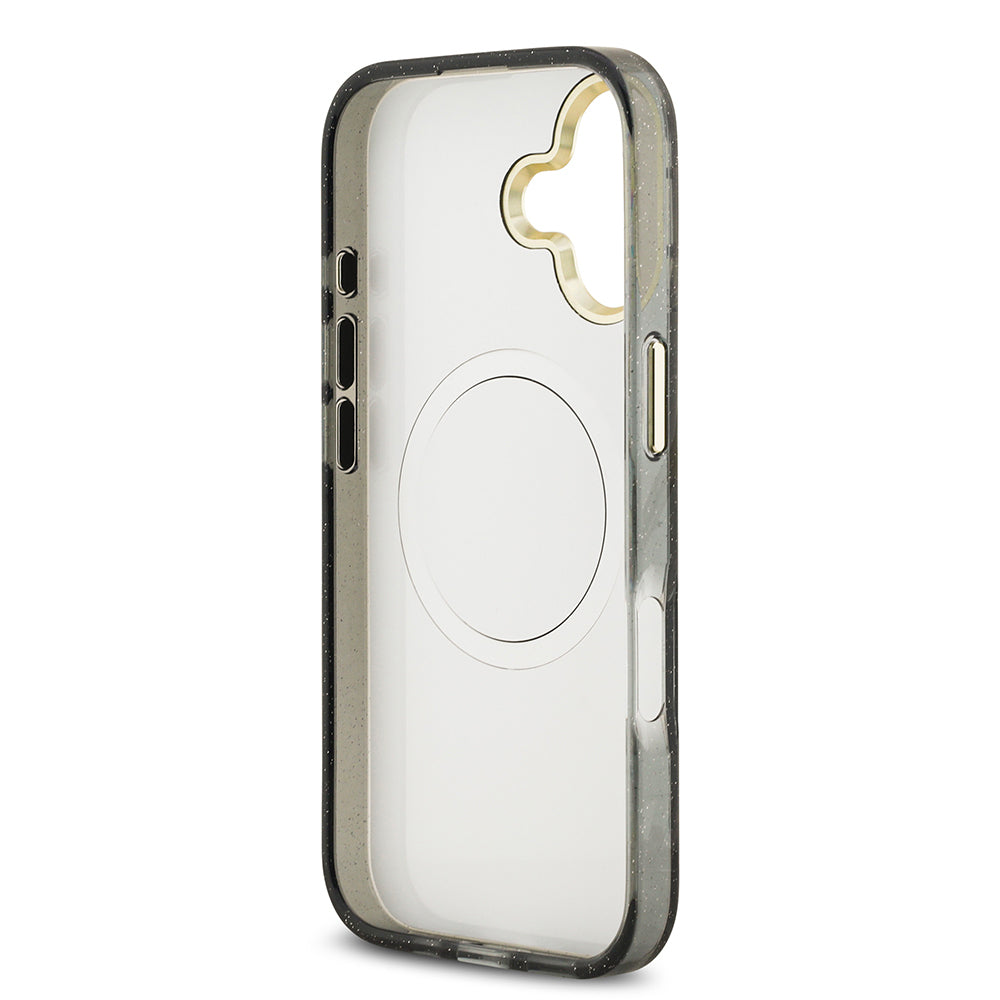 iPhone 17 Kılıf Guess Orjinal Lisanslı M-safe Şarj Özellikli Simli Çiçek Desenli Metal Kamera Çerçeveli Üçgen Logolu Kapak
