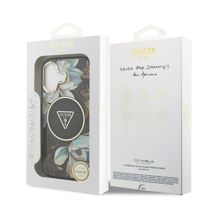 iPhone 17 Kılıf Guess Orjinal Lisanslı M-safe Şarj Özellikli Simli Çiçek Desenli Metal Kamera Çerçeveli Üçgen Logolu Kapak