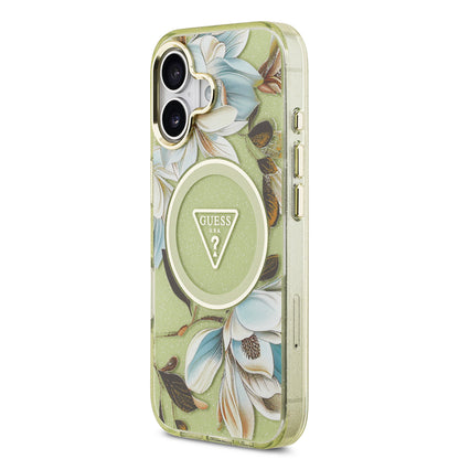 iPhone 17 Kılıf Guess Orjinal Lisanslı M-safe Şarj Özellikli Simli Çiçek Desenli Metal Kamera Çerçeveli Üçgen Logolu Kapak
