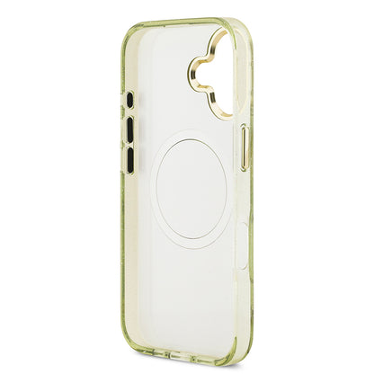 iPhone 17 Kılıf Guess Orjinal Lisanslı M-safe Şarj Özellikli Simli Çiçek Desenli Metal Kamera Çerçeveli Üçgen Logolu Kapak
