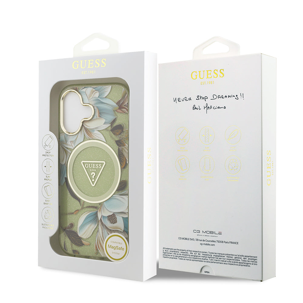 iPhone 17 Kılıf Guess Orjinal Lisanslı M-safe Şarj Özellikli Simli Çiçek Desenli Metal Kamera Çerçeveli Üçgen Logolu Kapak
