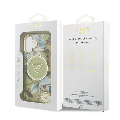 iPhone 17 Kılıf Guess Orjinal Lisanslı M-safe Şarj Özellikli Simli Çiçek Desenli Metal Kamera Çerçeveli Üçgen Logolu Kapak