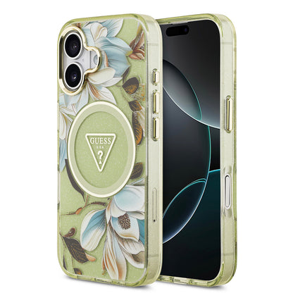 iPhone 17 Kılıf Guess Orjinal Lisanslı M-safe Şarj Özellikli Simli Çiçek Desenli Metal Kamera Çerçeveli Üçgen Logolu Kapak