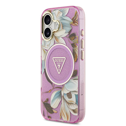 iPhone 17 Kılıf Guess Orjinal Lisanslı M-safe Şarj Özellikli Simli Çiçek Desenli Metal Kamera Çerçeveli Üçgen Logolu Kapak