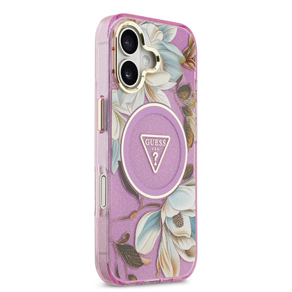 iPhone 17 Kılıf Guess Orjinal Lisanslı M-safe Şarj Özellikli Simli Çiçek Desenli Metal Kamera Çerçeveli Üçgen Logolu Kapak