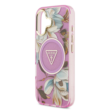 iPhone 17 Kılıf Guess Orjinal Lisanslı M-safe Şarj Özellikli Simli Çiçek Desenli Metal Kamera Çerçeveli Üçgen Logolu Kapak