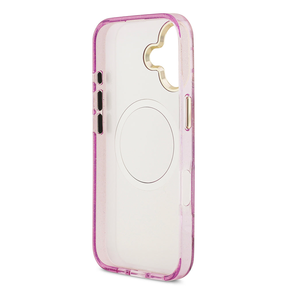 iPhone 17 Kılıf Guess Orjinal Lisanslı M-safe Şarj Özellikli Simli Çiçek Desenli Metal Kamera Çerçeveli Üçgen Logolu Kapak