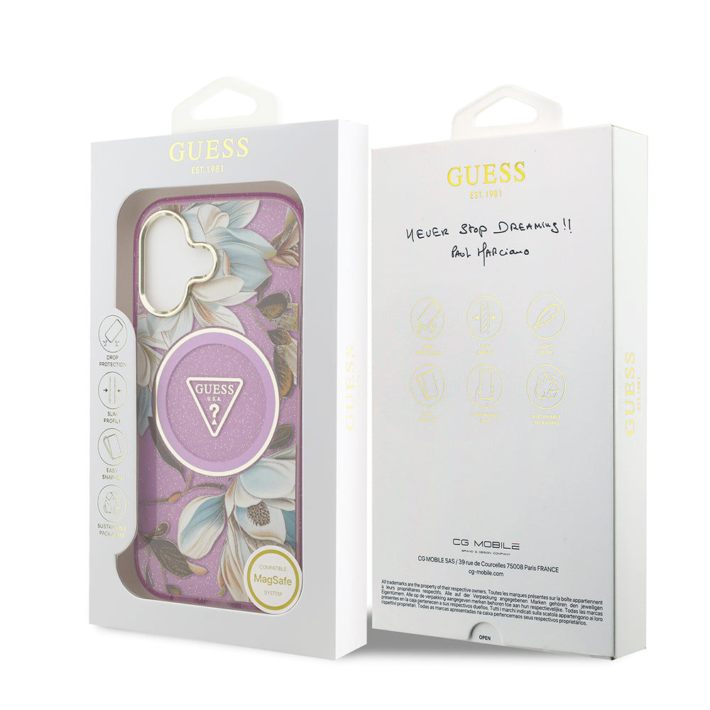 iPhone 17 Kılıf Guess Orjinal Lisanslı M-safe Şarj Özellikli Simli Çiçek Desenli Metal Kamera Çerçeveli Üçgen Logolu Kapak