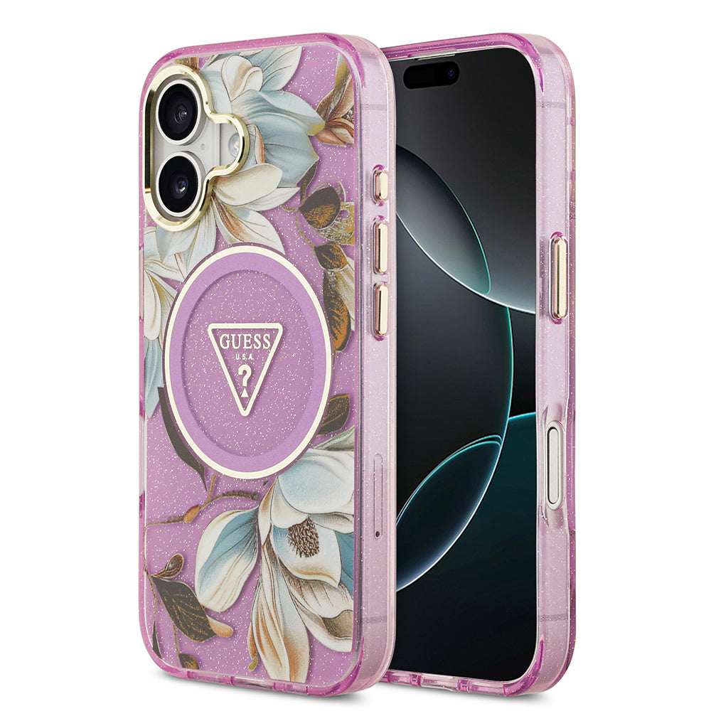 iPhone 17 Kılıf Guess Orjinal Lisanslı M-safe Şarj Özellikli Simli Çiçek Desenli Metal Kamera Çerçeveli Üçgen Logolu Kapak