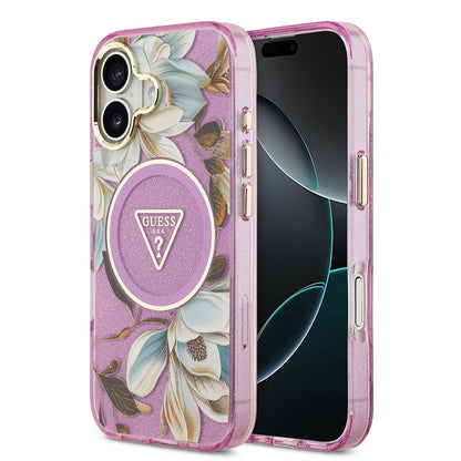 iPhone 17 Kılıf Guess Orjinal Lisanslı M-safe Şarj Özellikli Simli Çiçek Desenli Metal Kamera Çerçeveli Üçgen Logolu Kapak