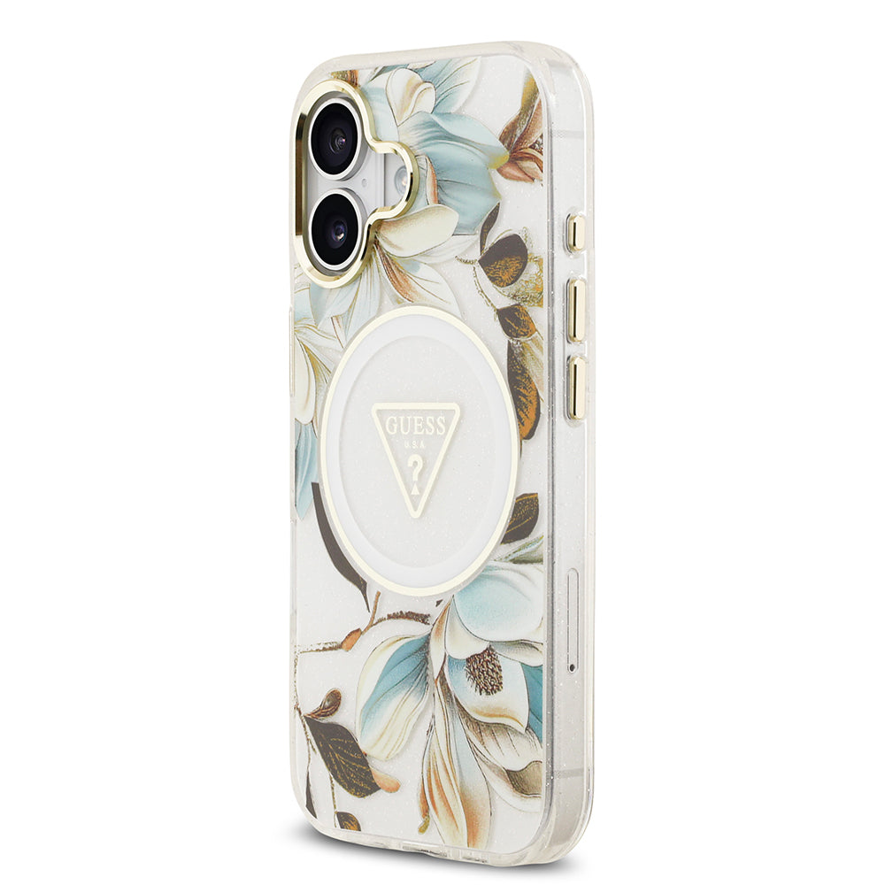 iPhone 17 Kılıf Guess Orjinal Lisanslı M-safe Şarj Özellikli Simli Çiçek Desenli Metal Kamera Çerçeveli Üçgen Logolu Kapak