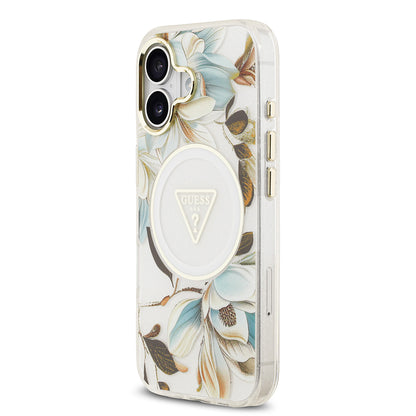 iPhone 17 Kılıf Guess Orjinal Lisanslı M-safe Şarj Özellikli Simli Çiçek Desenli Metal Kamera Çerçeveli Üçgen Logolu Kapak