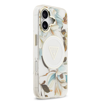 iPhone 17 Kılıf Guess Orjinal Lisanslı M-safe Şarj Özellikli Simli Çiçek Desenli Metal Kamera Çerçeveli Üçgen Logolu Kapak