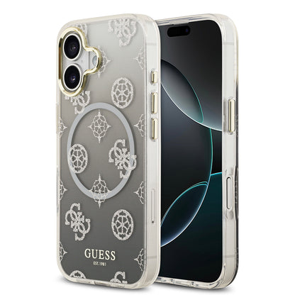 iPhone 17 Kılıf Guess Orjinal Lisanslı M-safe Şarj Özellikli Simli Peony Desenli Silikon Kapak