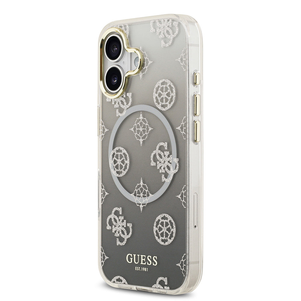 iPhone 17 Kılıf Guess Orjinal Lisanslı M-safe Şarj Özellikli Simli Peony Desenli Silikon Kapak