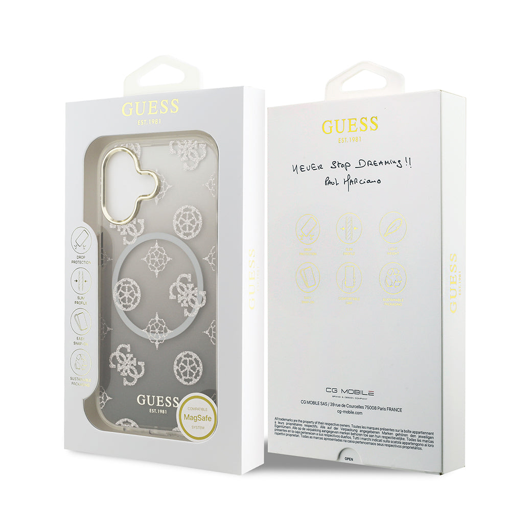 iPhone 17 Kılıf Guess Orjinal Lisanslı M-safe Şarj Özellikli Simli Peony Desenli Silikon Kapak