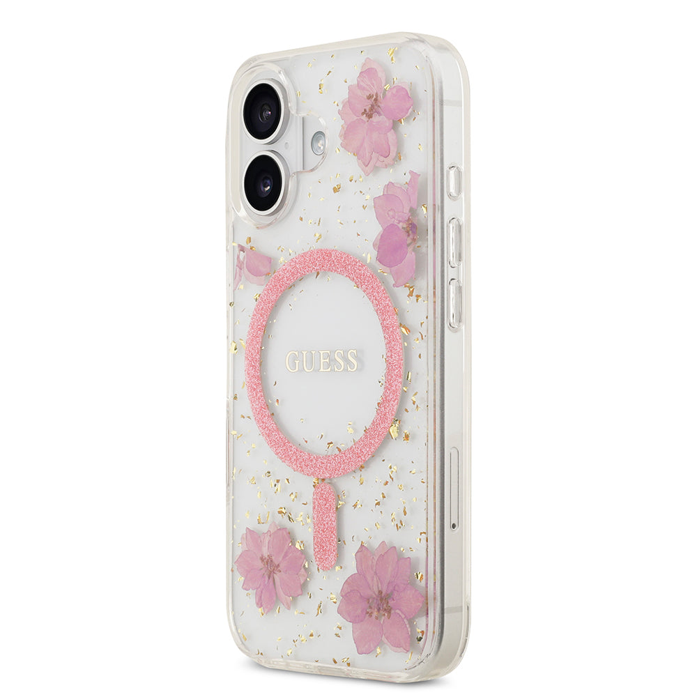 iPhone 17 Kılıf Guess Orjinal Lisanslı M-safe Şarj Özellikli Transparan Resin Flowers Kapak