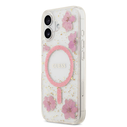 iPhone 17 Kılıf Guess Orjinal Lisanslı M-safe Şarj Özellikli Transparan Resin Flowers Kapak