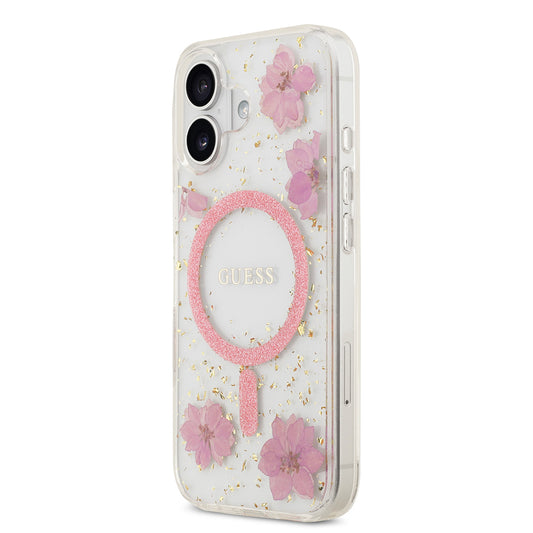 iPhone 17 Kılıf Guess Orjinal Lisanslı M-safe Şarj Özellikli Transparan Resin Flowers Kapak