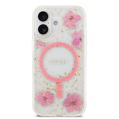 iPhone 17 Kılıf Guess Orjinal Lisanslı M-safe Şarj Özellikli Transparan Resin Flowers Kapak