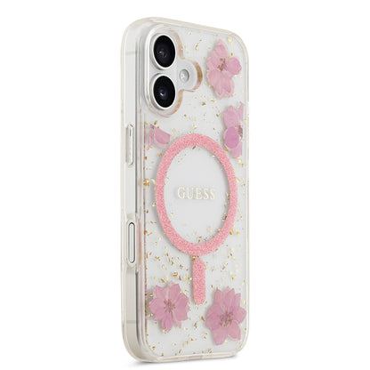 iPhone 17 Kılıf Guess Orjinal Lisanslı M-safe Şarj Özellikli Transparan Resin Flowers Kapak