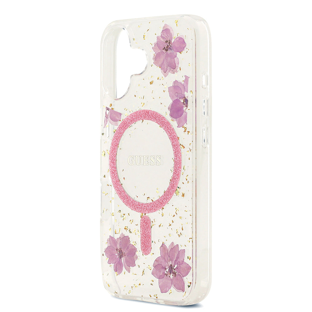 iPhone 17 Kılıf Guess Orjinal Lisanslı M-safe Şarj Özellikli Transparan Resin Flowers Kapak