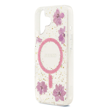 iPhone 17 Kılıf Guess Orjinal Lisanslı M-safe Şarj Özellikli Transparan Resin Flowers Kapak