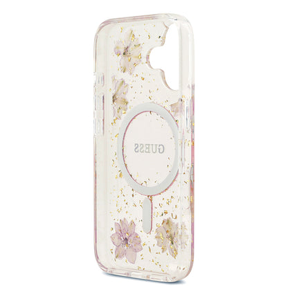 iPhone 17 Kılıf Guess Orjinal Lisanslı M-safe Şarj Özellikli Transparan Resin Flowers Kapak
