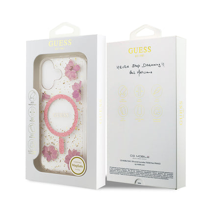 iPhone 17 Kılıf Guess Orjinal Lisanslı M-safe Şarj Özellikli Transparan Resin Flowers Kapak