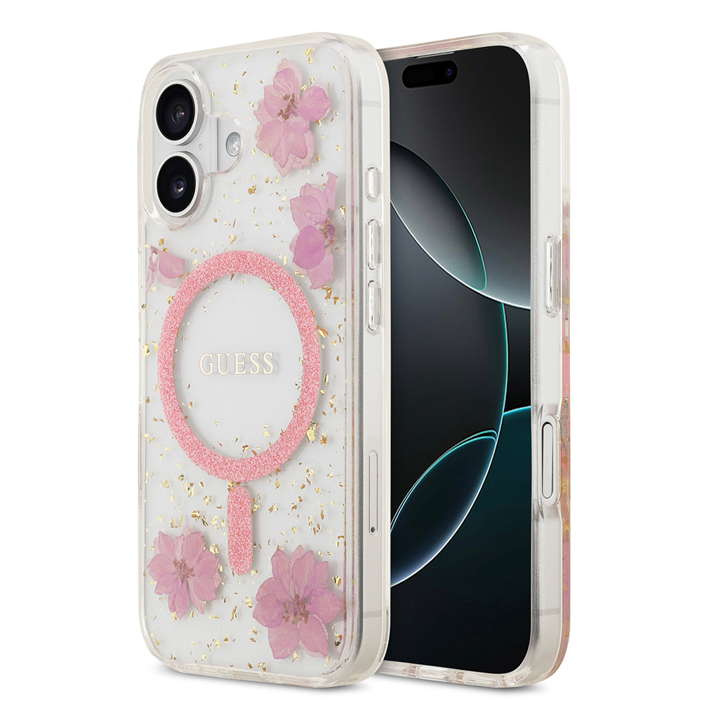 iPhone 17 Kılıf Guess Orjinal Lisanslı M-safe Şarj Özellikli Transparan Resin Flowers Kapak