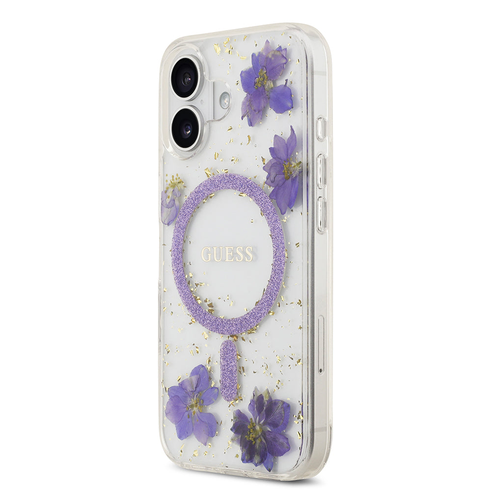 iPhone 17 Kılıf Guess Orjinal Lisanslı M-safe Şarj Özellikli Transparan Resin Flowers Kapak