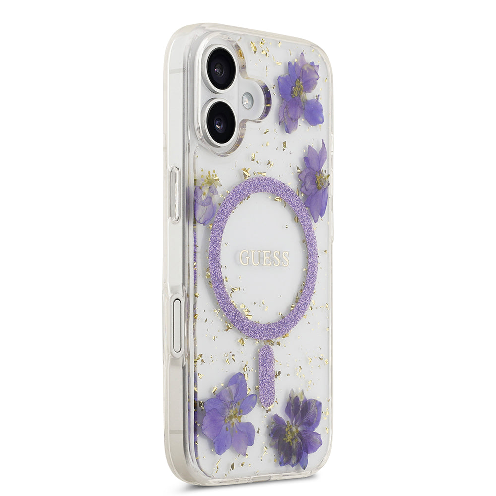 iPhone 17 Kılıf Guess Orjinal Lisanslı M-safe Şarj Özellikli Transparan Resin Flowers Kapak