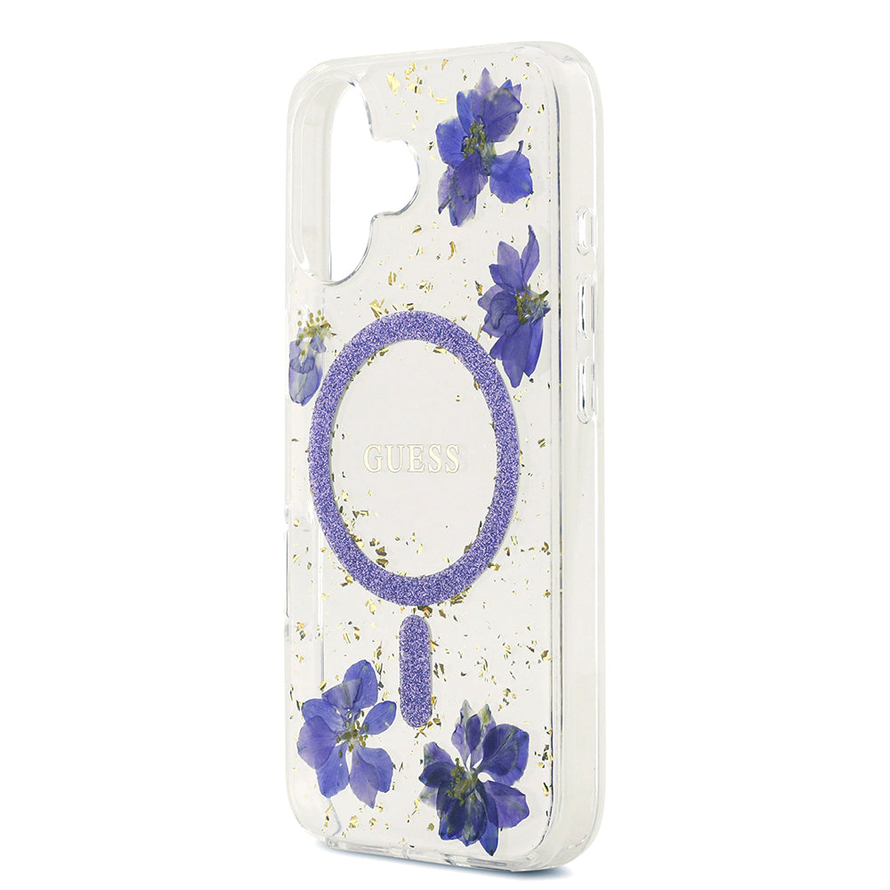 iPhone 17 Kılıf Guess Orjinal Lisanslı M-safe Şarj Özellikli Transparan Resin Flowers Kapak