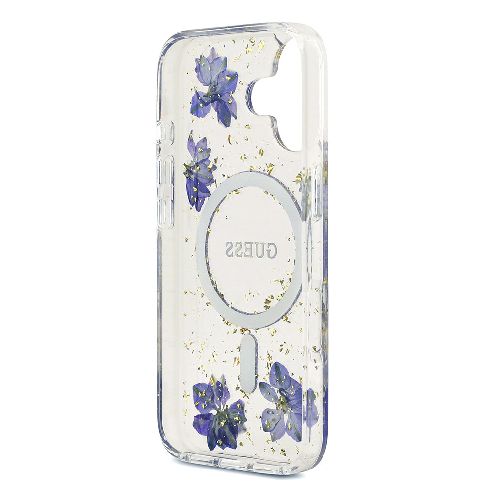 iPhone 17 Kılıf Guess Orjinal Lisanslı M-safe Şarj Özellikli Transparan Resin Flowers Kapak