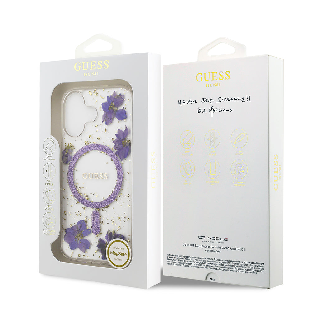 iPhone 17 Kılıf Guess Orjinal Lisanslı M-safe Şarj Özellikli Transparan Resin Flowers Kapak