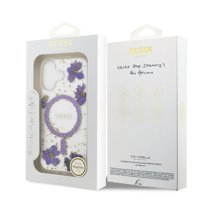 iPhone 17 Kılıf Guess Orjinal Lisanslı M-safe Şarj Özellikli Transparan Resin Flowers Kapak