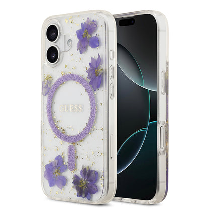 iPhone 17 Kılıf Guess Orjinal Lisanslı M-safe Şarj Özellikli Transparan Resin Flowers Kapak
