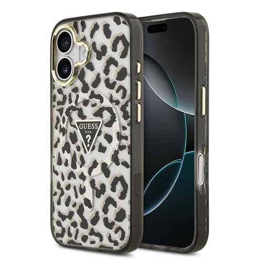 iPhone 17 Kılıf Guess Orjinal Lisanslı M-safe Şarj Özellikli Üçgen Logolu Simli Leopar Desenli Kapak