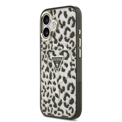 iPhone 17 Kılıf Guess Orjinal Lisanslı M-safe Şarj Özellikli Üçgen Logolu Simli Leopar Desenli Kapak