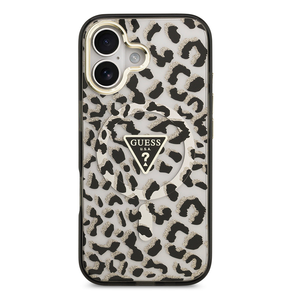 iPhone 17 Kılıf Guess Orjinal Lisanslı M-safe Şarj Özellikli Üçgen Logolu Simli Leopar Desenli Kapak