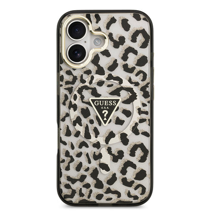 iPhone 17 Kılıf Guess Orjinal Lisanslı M-safe Şarj Özellikli Üçgen Logolu Simli Leopar Desenli Kapak