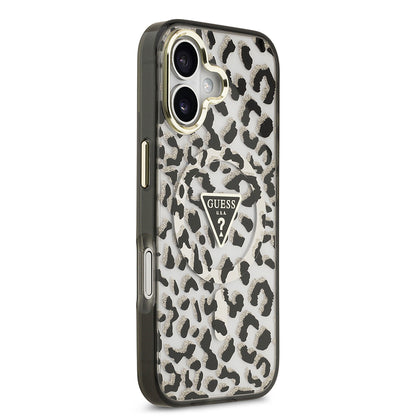 iPhone 17 Kılıf Guess Orjinal Lisanslı M-safe Şarj Özellikli Üçgen Logolu Simli Leopar Desenli Kapak